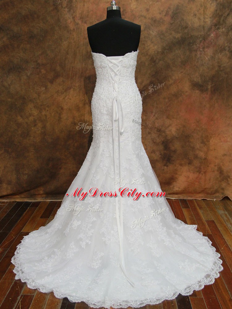 White Sleeveless Lace Lace Up Wedding Gowns