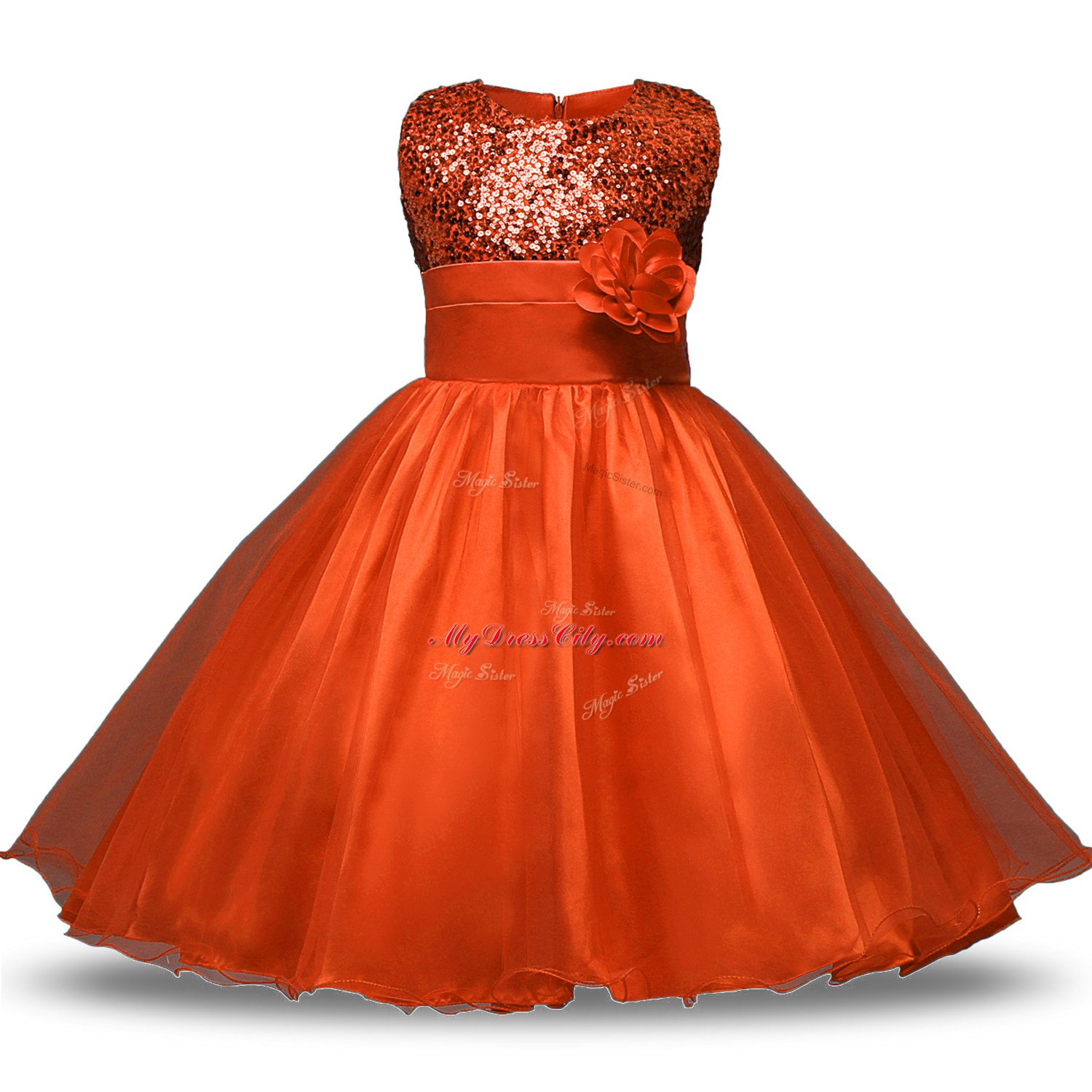 Graceful Scoop Sleeveless Flower Girl Dresses for Less Knee Length Bowknot and Belt and Hand Made Flower Orange Red Organza and Sequined