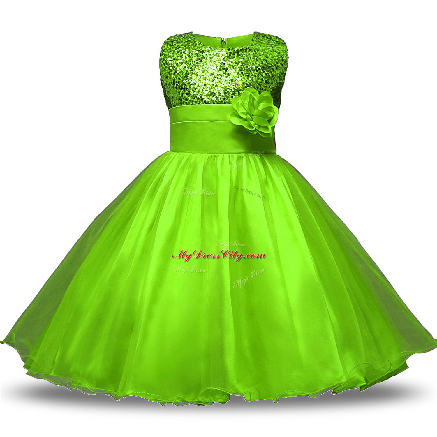 Charming Ball Gowns Organza and Sequined Scoop Sleeveless Belt and Hand Made Flower Knee Length Zipper Flower Girl Dress