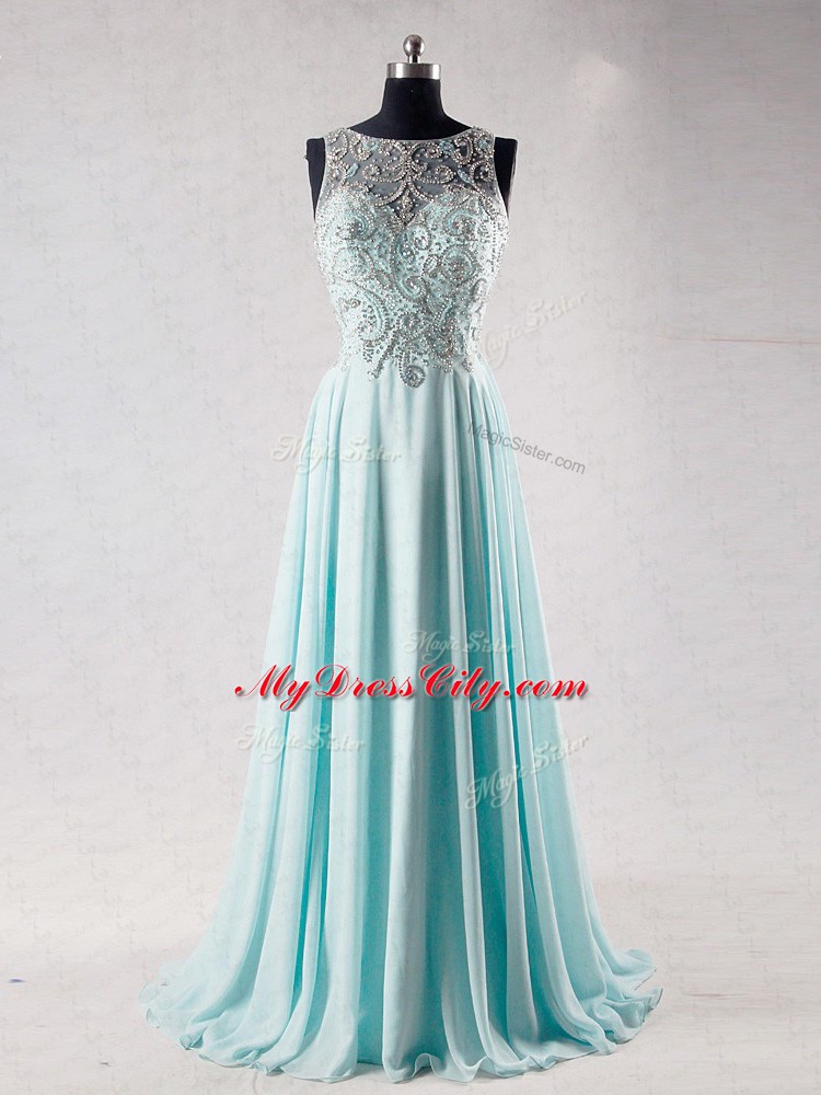 Best Selling Aqua Blue Empire Chiffon Scoop Sleeveless Beading Zipper Prom Gown Brush Train