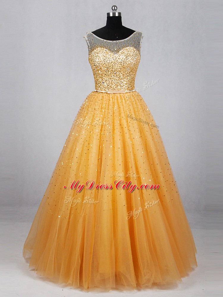 Traditional Gold Sleeveless Beading and Sequins Floor Length Prom Party Dress