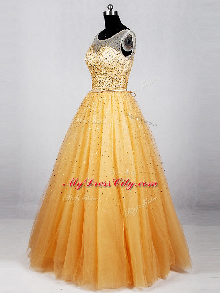 Traditional Gold Sleeveless Beading and Sequins Floor Length Prom Party Dress