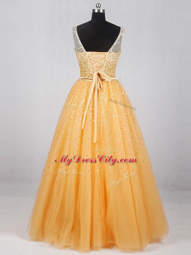 Traditional Gold Sleeveless Beading and Sequins Floor Length Prom Party Dress