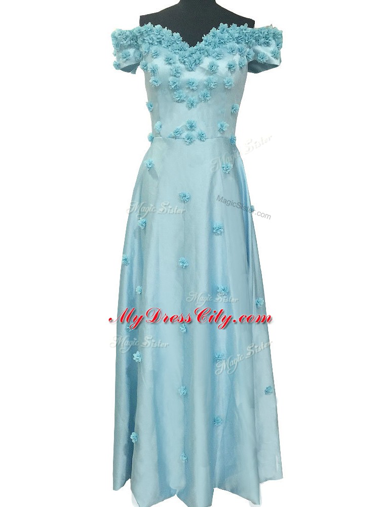 Glorious Light Blue Zipper Homecoming Gowns Hand Made Flower Sleeveless Floor Length