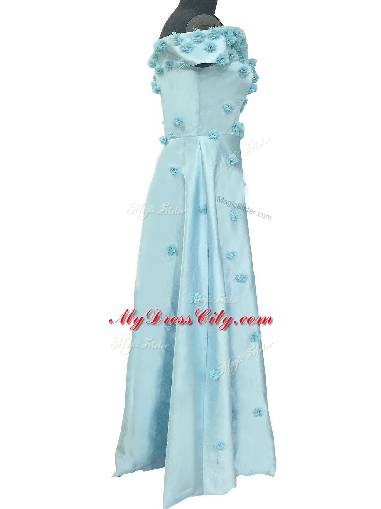 Glorious Light Blue Zipper Homecoming Gowns Hand Made Flower Sleeveless Floor Length