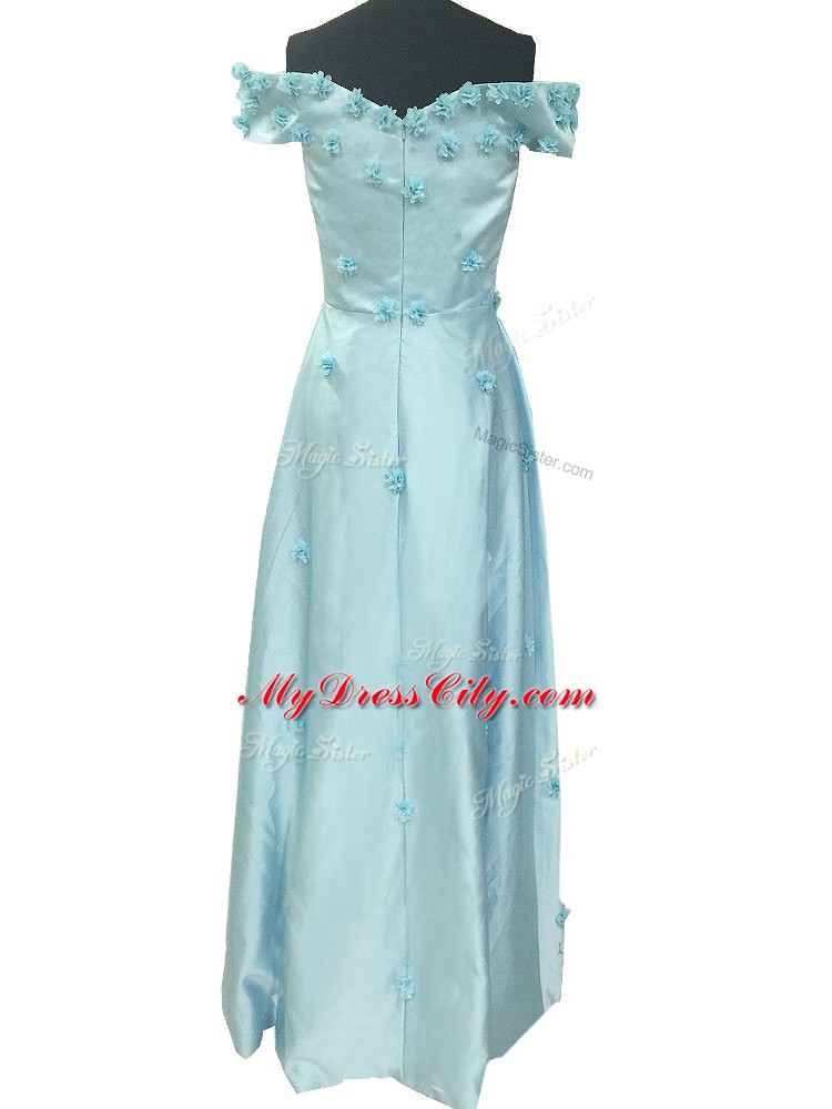 Glorious Light Blue Zipper Homecoming Gowns Hand Made Flower Sleeveless Floor Length