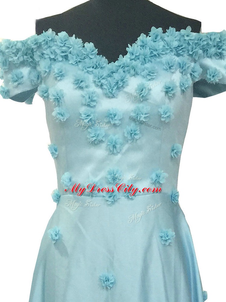 Glorious Light Blue Zipper Homecoming Gowns Hand Made Flower Sleeveless Floor Length