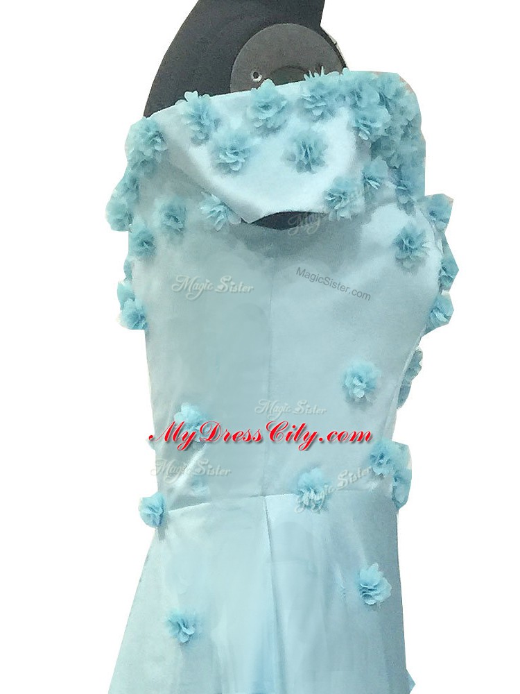 Glorious Light Blue Zipper Homecoming Gowns Hand Made Flower Sleeveless Floor Length