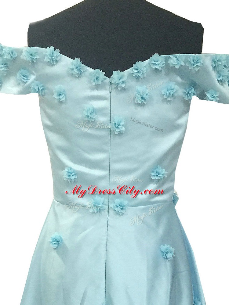 Glorious Light Blue Zipper Homecoming Gowns Hand Made Flower Sleeveless Floor Length