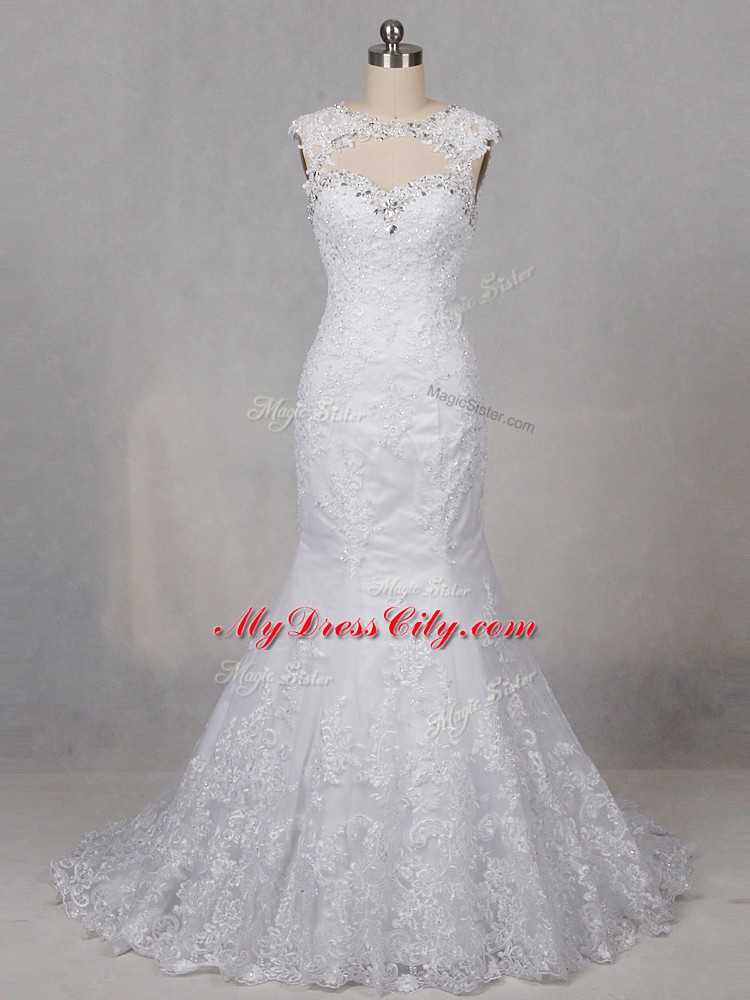 Eye-catching White Wedding Dresses Wedding Party with Beading and Lace Scoop Sleeveless Brush Train Backless