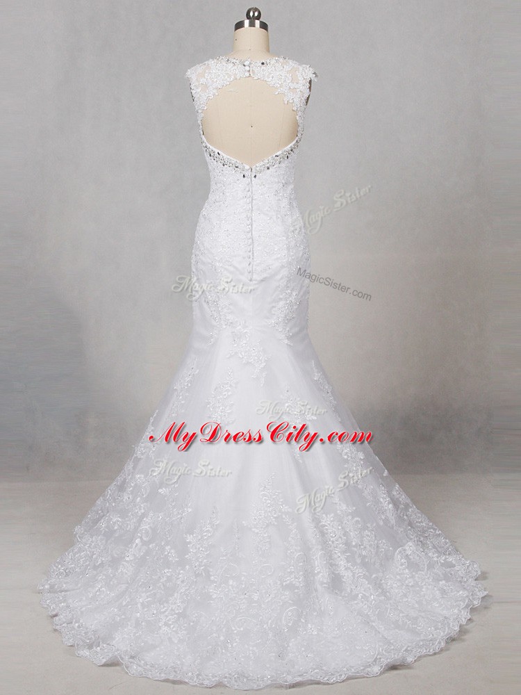 Eye-catching White Wedding Dresses Wedding Party with Beading and Lace Scoop Sleeveless Brush Train Backless