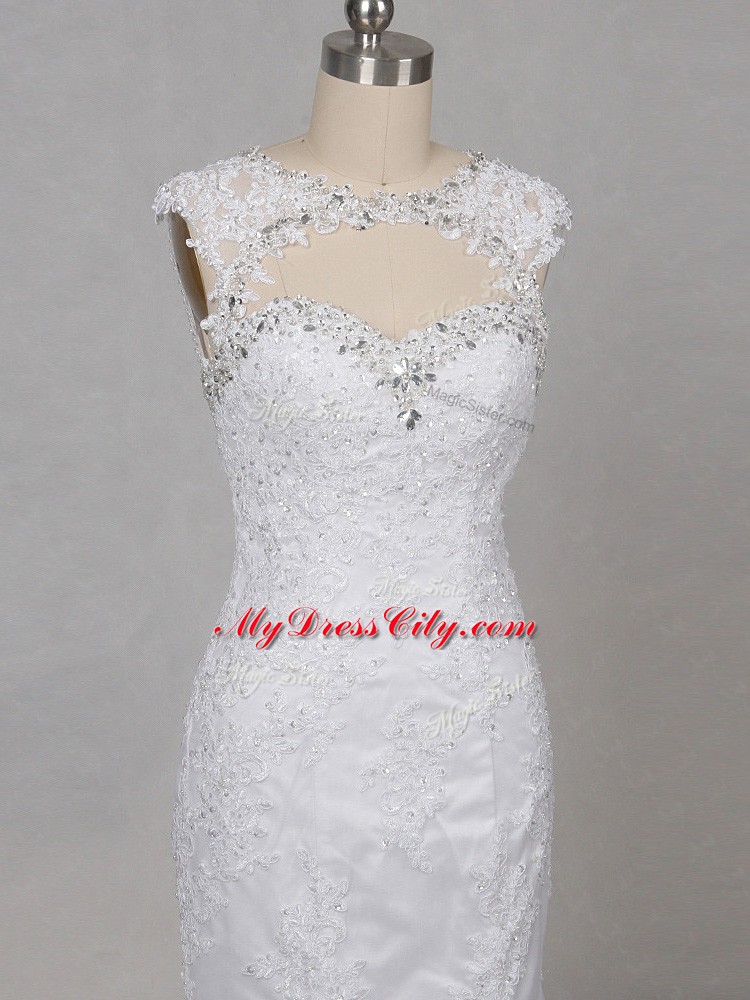 Eye-catching White Wedding Dresses Wedding Party with Beading and Lace Scoop Sleeveless Brush Train Backless