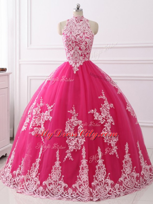 Hot Pink High-neck Neckline Lace Quinceanera Gowns Sleeveless Zipper