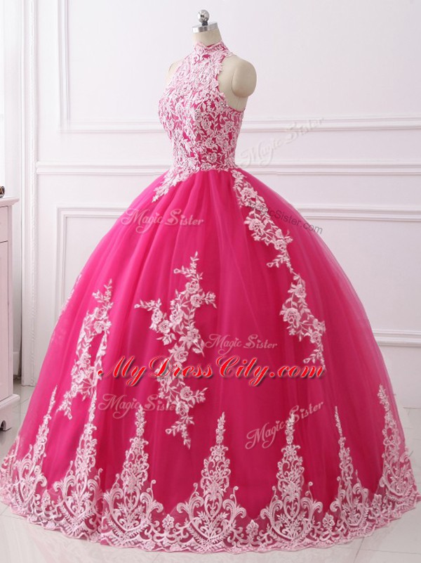 Hot Pink High-neck Neckline Lace Quinceanera Gowns Sleeveless Zipper