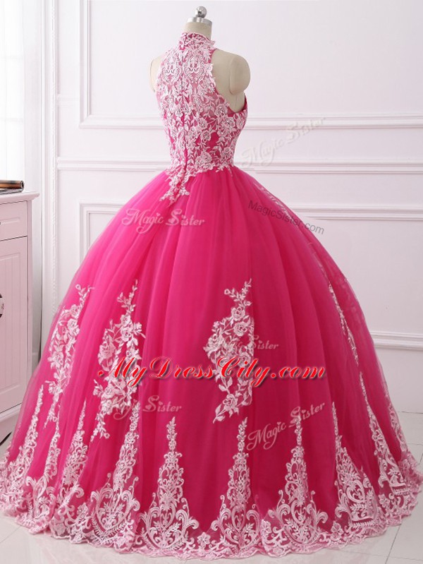 Hot Pink High-neck Neckline Lace Quinceanera Gowns Sleeveless Zipper