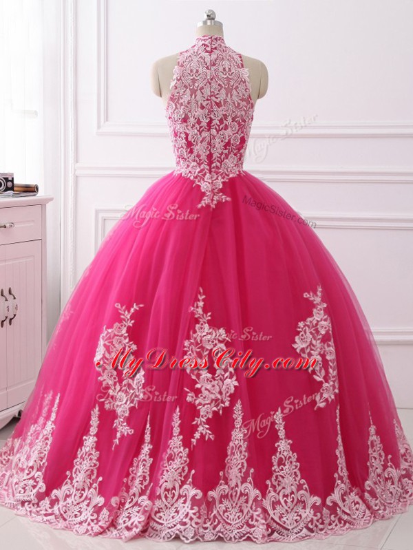 Hot Pink High-neck Neckline Lace Quinceanera Gowns Sleeveless Zipper