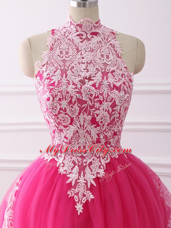 Hot Pink High-neck Neckline Lace Quinceanera Gowns Sleeveless Zipper