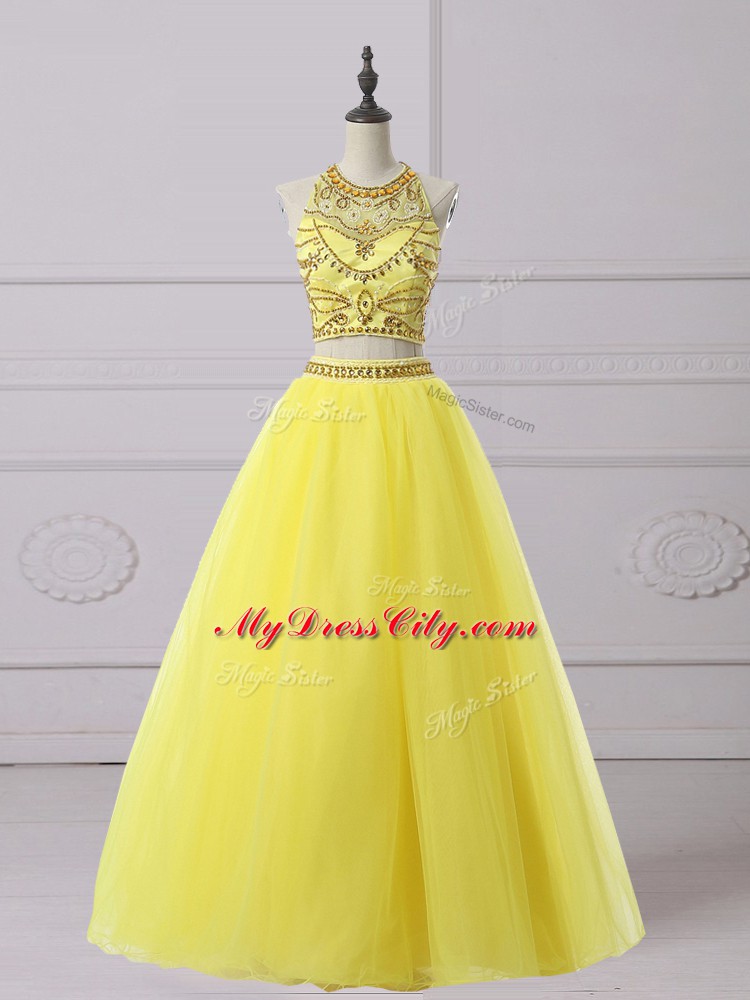 Sexy Halter Top Sleeveless Backless Prom Gown Yellow Organza