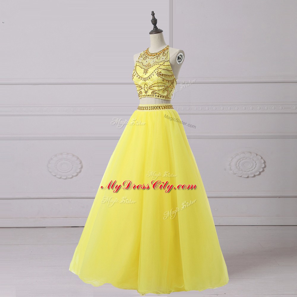 Sexy Halter Top Sleeveless Backless Prom Gown Yellow Organza