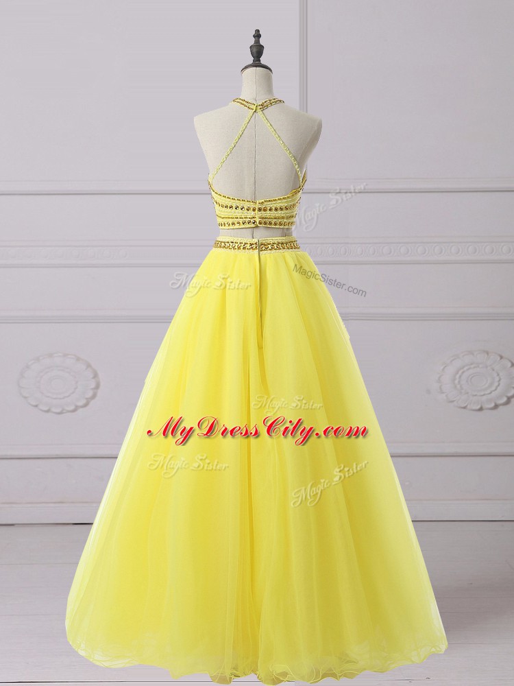 Sexy Halter Top Sleeveless Backless Prom Gown Yellow Organza