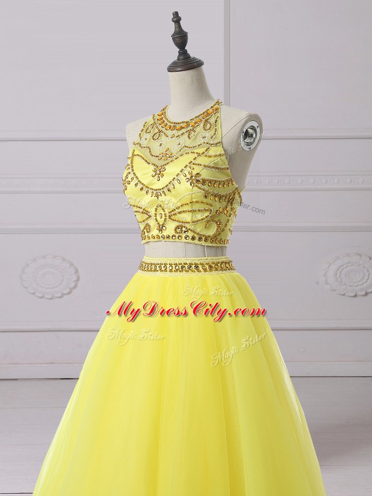 Sexy Halter Top Sleeveless Backless Prom Gown Yellow Organza