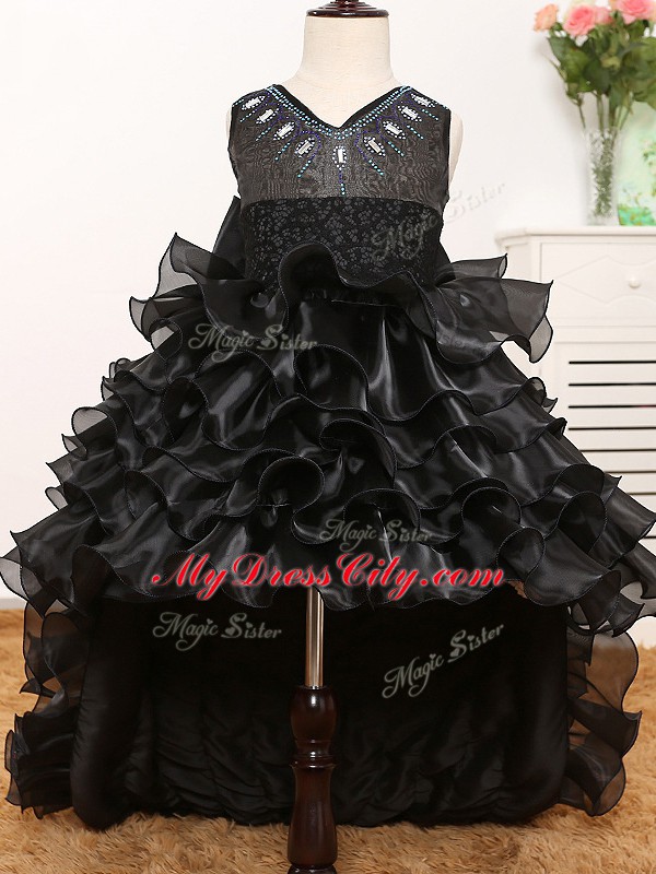 Luxurious Black A-line Organza V-neck Sleeveless Beading and Ruffles and Bowknot High Low Zipper Little Girls Pageant Dress Wholesale