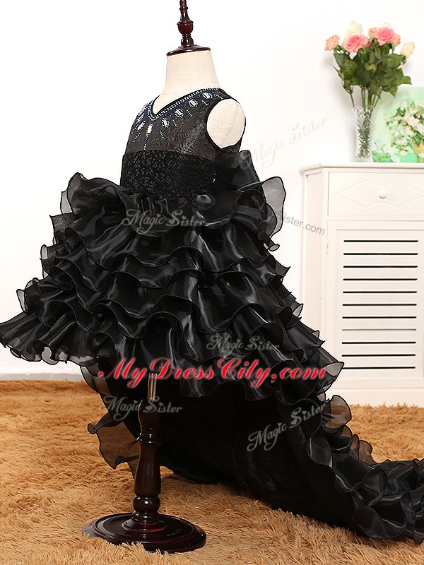 Luxurious Black A-line Organza V-neck Sleeveless Beading and Ruffles and Bowknot High Low Zipper Little Girls Pageant Dress Wholesale