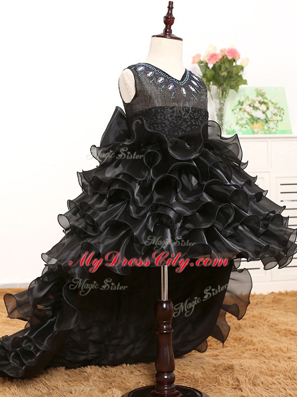 Luxurious Black A-line Organza V-neck Sleeveless Beading and Ruffles and Bowknot High Low Zipper Little Girls Pageant Dress Wholesale