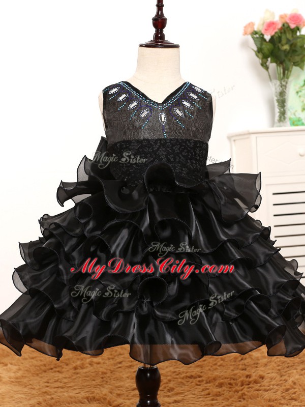 Luxurious Black A-line Organza V-neck Sleeveless Beading and Ruffles and Bowknot High Low Zipper Little Girls Pageant Dress Wholesale