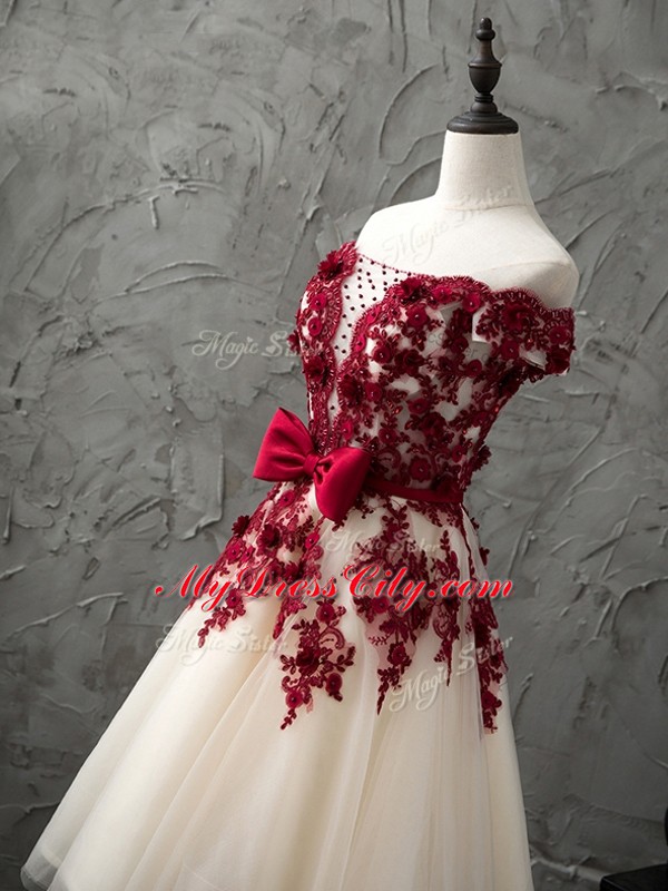 Fantastic Champagne A-line Appliques and Bowknot Dama Dress for Quinceanera Lace Up Tulle Sleeveless Knee Length