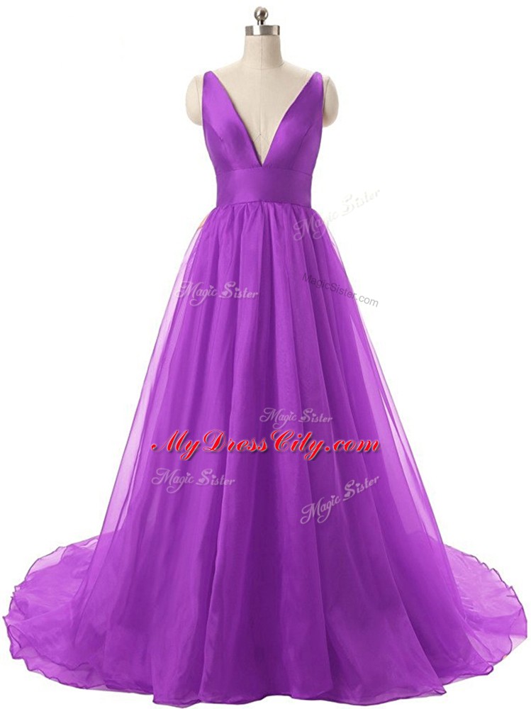 Nice Eggplant Purple Dress for Prom Organza Sleeveless Ruching