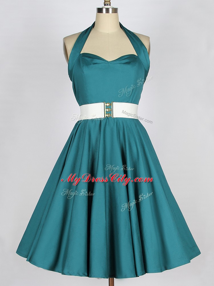 Simple Teal Taffeta Lace Up Bridesmaid Dress Sleeveless Knee Length Belt