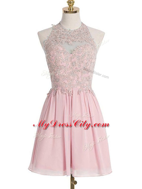 Custom Design Pink Empire Halter Top Sleeveless Chiffon Knee Length Lace Up Appliques Bridesmaid Dress