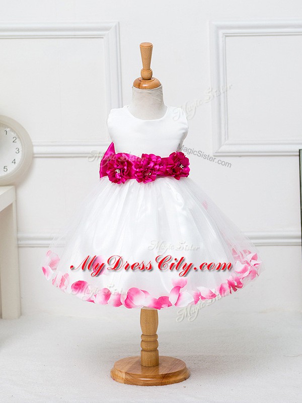 Knee Length White Toddler Flower Girl Dress Tulle Sleeveless Appliques and Hand Made Flower