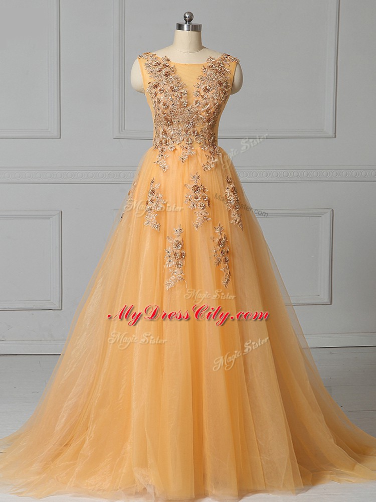 Customized Gold Empire Scoop Sleeveless Tulle Brush Train Lace Up Appliques and Pattern Prom Dress