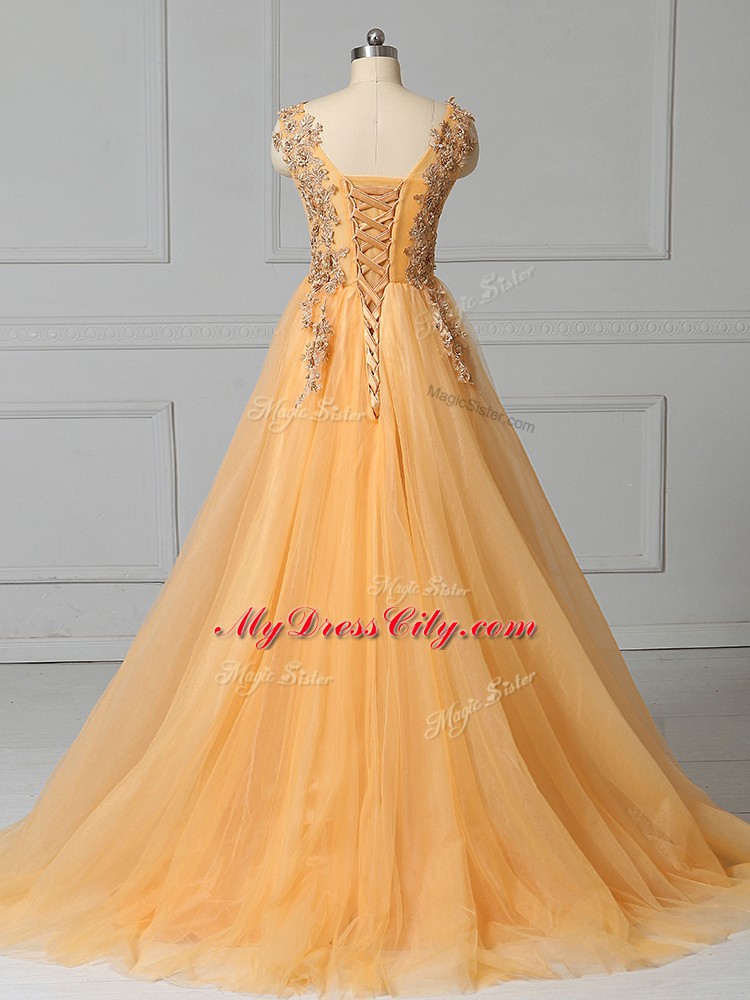 Customized Gold Empire Scoop Sleeveless Tulle Brush Train Lace Up Appliques and Pattern Prom Dress