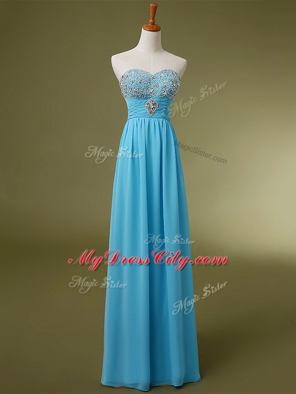 Sweetheart Sleeveless Dress for Prom Floor Length Beading and Ruching Baby Blue Chiffon