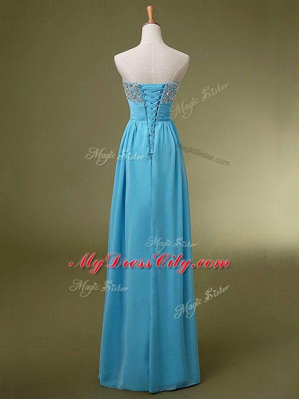 Sweetheart Sleeveless Dress for Prom Floor Length Beading and Ruching Baby Blue Chiffon