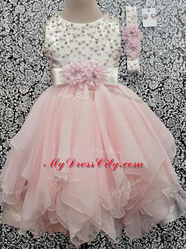 Baby Pink Scoop Neckline Beading and Hand Made Flower Flower Girl Dresses for Less Sleeveless Backless