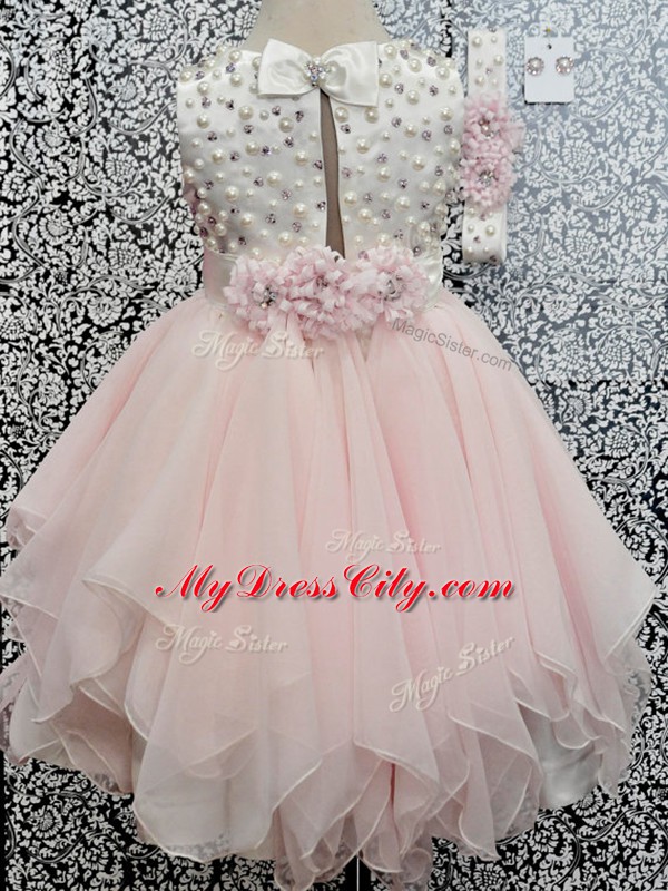 Baby Pink Scoop Neckline Beading and Hand Made Flower Flower Girl Dresses for Less Sleeveless Backless