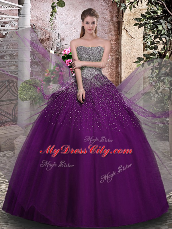 Customized Purple Tulle Lace Up Strapless Sleeveless Floor Length Sweet 16 Dress Beading