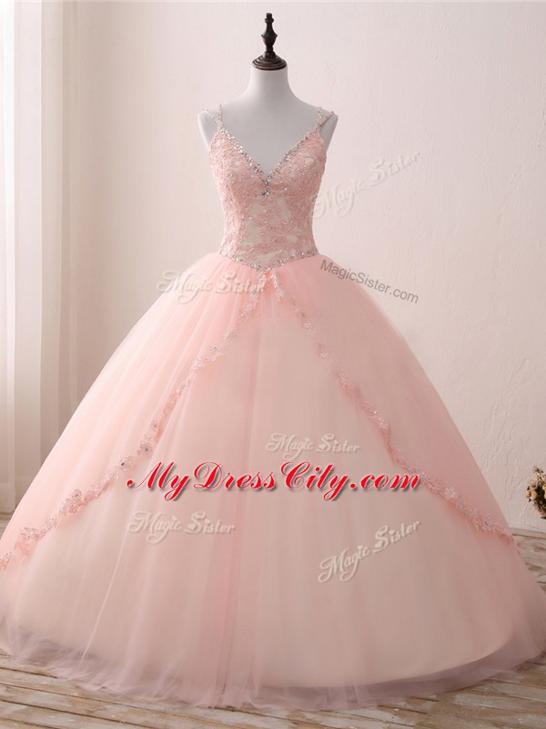 V-neck Sleeveless Tulle Quince Ball Gowns Beading and Appliques Lace Up