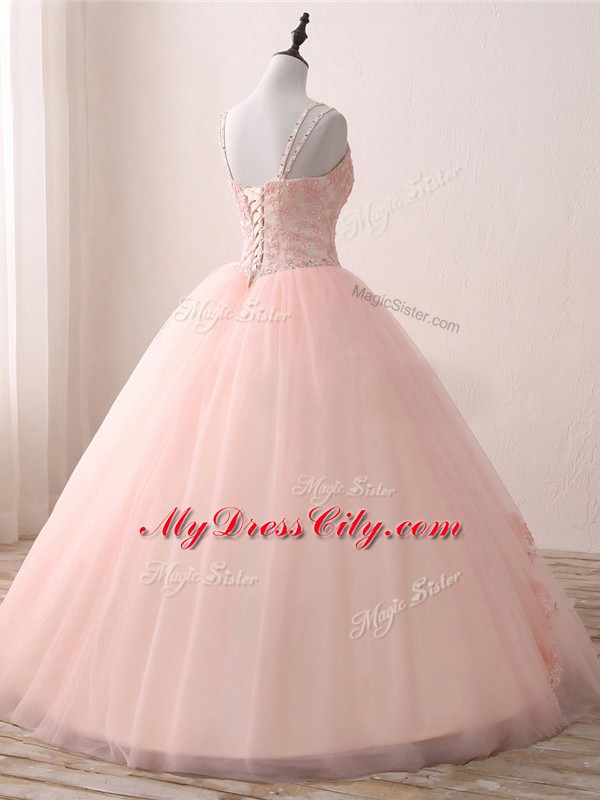 V-neck Sleeveless Tulle Quince Ball Gowns Beading and Appliques Lace Up