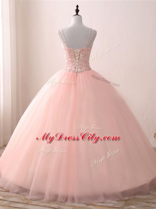 V-neck Sleeveless Tulle Quince Ball Gowns Beading and Appliques Lace Up