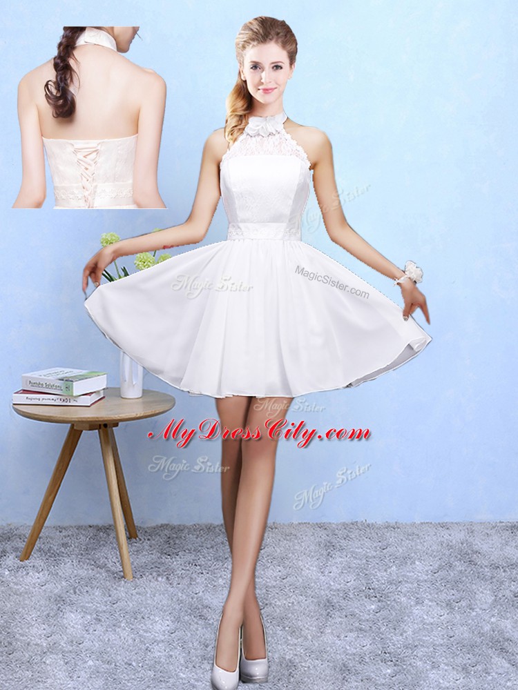 Inexpensive Sleeveless Knee Length Lace Lace Up Quinceanera Dama Dress with White