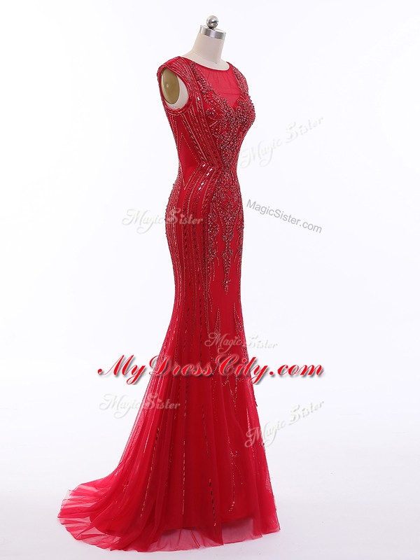 Trendy Red Womens Evening Dresses Tulle Brush Train Sleeveless Beading