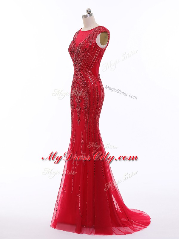 Trendy Red Womens Evening Dresses Tulle Brush Train Sleeveless Beading