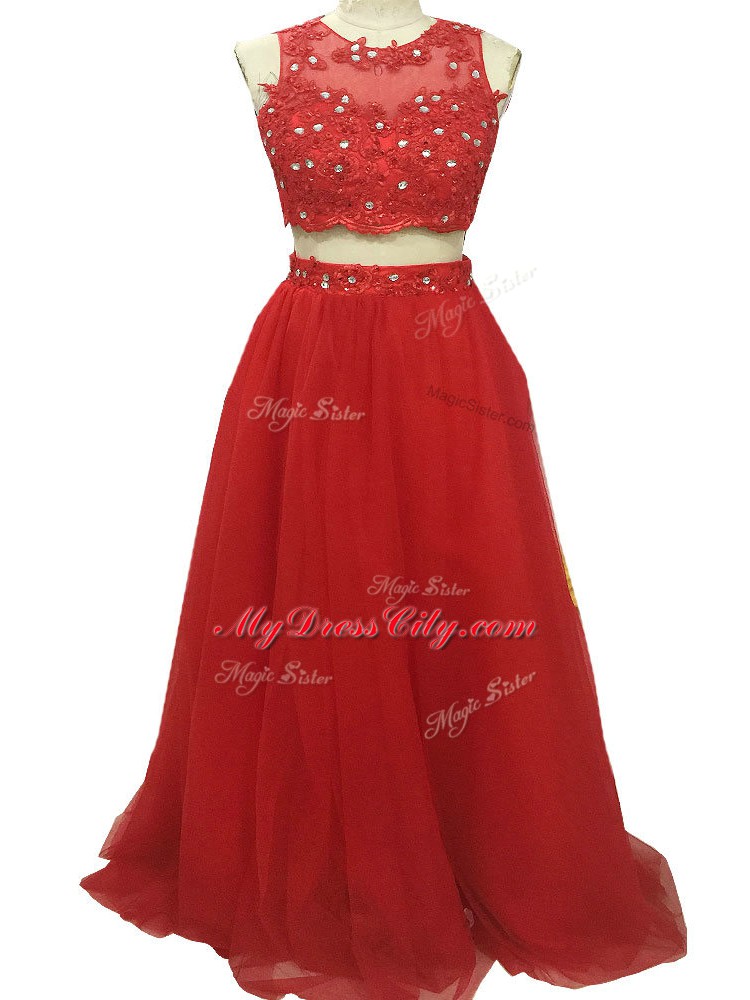 Red Zipper Prom Dresses Beading and Appliques Sleeveless Sweep Train