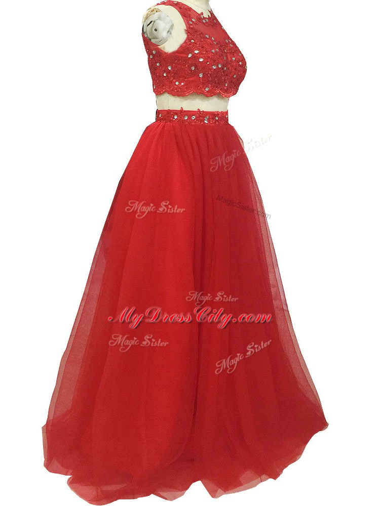 Red Zipper Prom Dresses Beading and Appliques Sleeveless Sweep Train