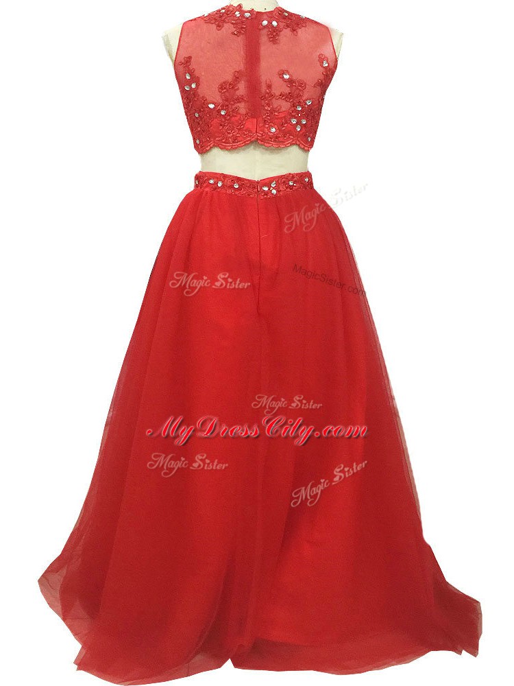 Red Zipper Prom Dresses Beading and Appliques Sleeveless Sweep Train